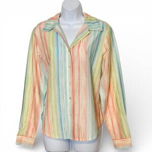 Coldwater Creek Vintage Y2K Pastel Striped Blouse Embroidered Trim Cottage Sz M